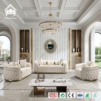 Ensemble de salon Chesterfield capitonné en velours de luxe, 3 pièces avec causeuse et fauteuil, base dorée – Solution de mobilier tout-en-un