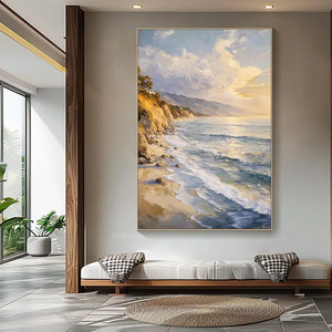 3D peint à la main bleu et or plage coucher de soleil mur Art toile peinture à l'huile pour la décoration intérieure paysage côtier pittoresque - Product Image 1