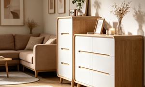Commode scandinave en chêne massif à 4 tiroirs, meuble de rangement autoportant pour salon - Product Image 3