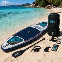 Planche de paddle gonflable avec deux fenêtres latérales transparentes, tapis antidérapant en EVA, pagaie réglable pour la famille, le lac, la plage et les centres de villégiature