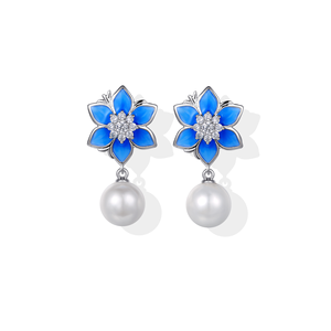 Elegantes Pendientes Florales de Oro Sólido de 9K/14K/18K con Esmalte Azul y Perla de Agua Dulce para Joyería Romántica - Product Image 2