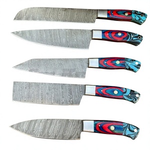 Juego de 5 Cuchillos de Chef de Acero de Damasco, Hechos a Mano, Grado Industrial, Hojas con Borde Biselado, Mango de Cuero, Garantía de 3 Años - Product Image 1