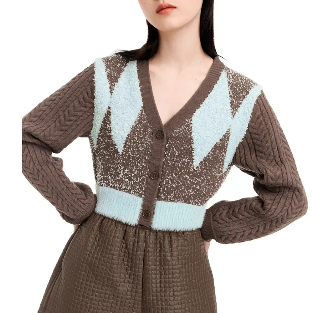 Button up Women Short Crop Top patterns Checked jacquard Knitted Sweater Cardigan