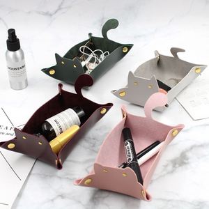Cute Lovely Cat Shaped PU Leather Single Tier <b>Foldable</b> Dice Tray <b>Desk</b> Organizer for Keys Watches Coins Jewelry Table Storage - Product Image 2