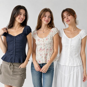 Blusa de Manga Corta con Encaje para Mujer, Cuello en V, Botones al Frente, Plisada, Informal, para Oficina, Trabajo, Verano, Transpirable y Ecológica - Product Image 1