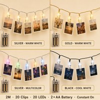 Guirlande lumineuse LED pour photos, 2 m, 20 pinces, fil argenté, 2 piles AA, éclairage constant, pour mur photo, chambre, Saint-Valentin, mariage, Noël, décoration OEM