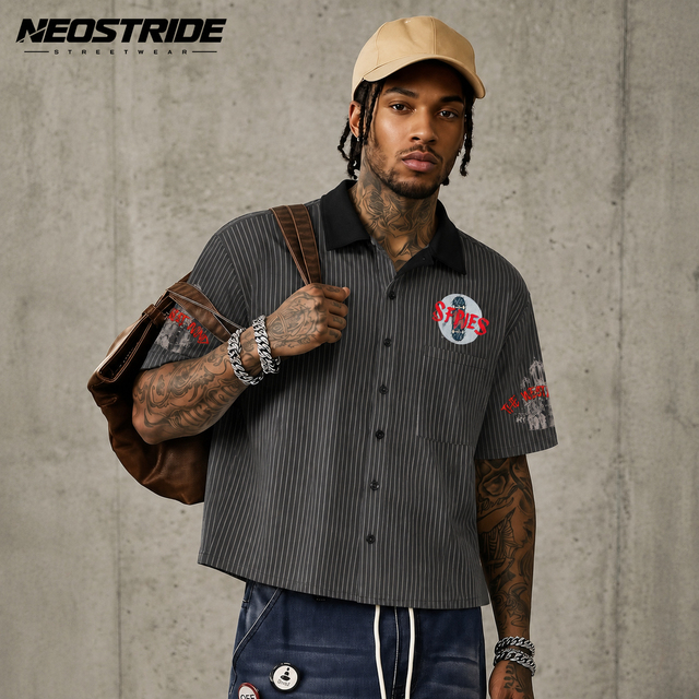 Customized Print Graphic Designer Custom Boxy Contrast Color Short Sleeve Shirt Button up Striped Plaid Streetwear Shirt