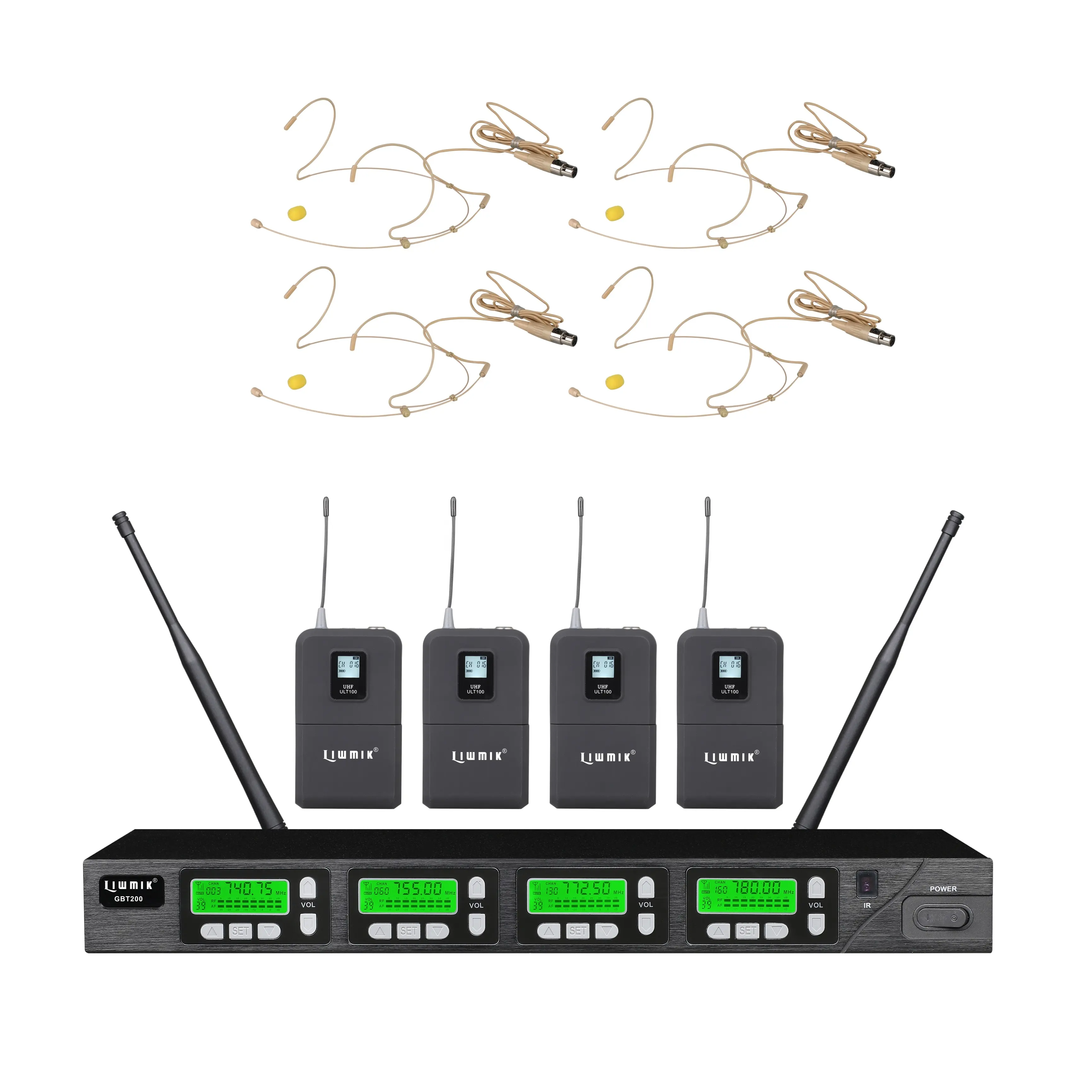 UB3800 UHF Professional Four-Channel Cordless PLL Wireless Microphone System w/ mini body-pack and headset headphones wide usage