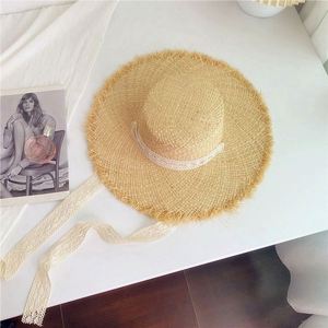 Raffia Straw <b>Hat</b> Large Brim Woven Sun <b>Hat</b> <b>Summer</b> Flat Top Flutter Tie Seaside Vacation Sun <b>Hat</b> - Product Image 2