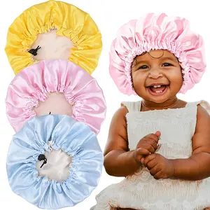 Solid Color Adjustable Kids nightcap Double Layer Satin lined Bonnets Baby Bonnet with Drawstring