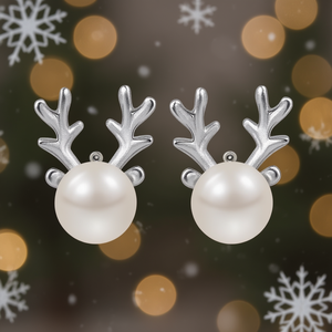 Orecchini a Perno a Forma di Renna, Placcati in Oro Bianco con Perle Imitate, Gioielli Moda Donna, Regalo in Lega Placcata Argento - Product Image 2