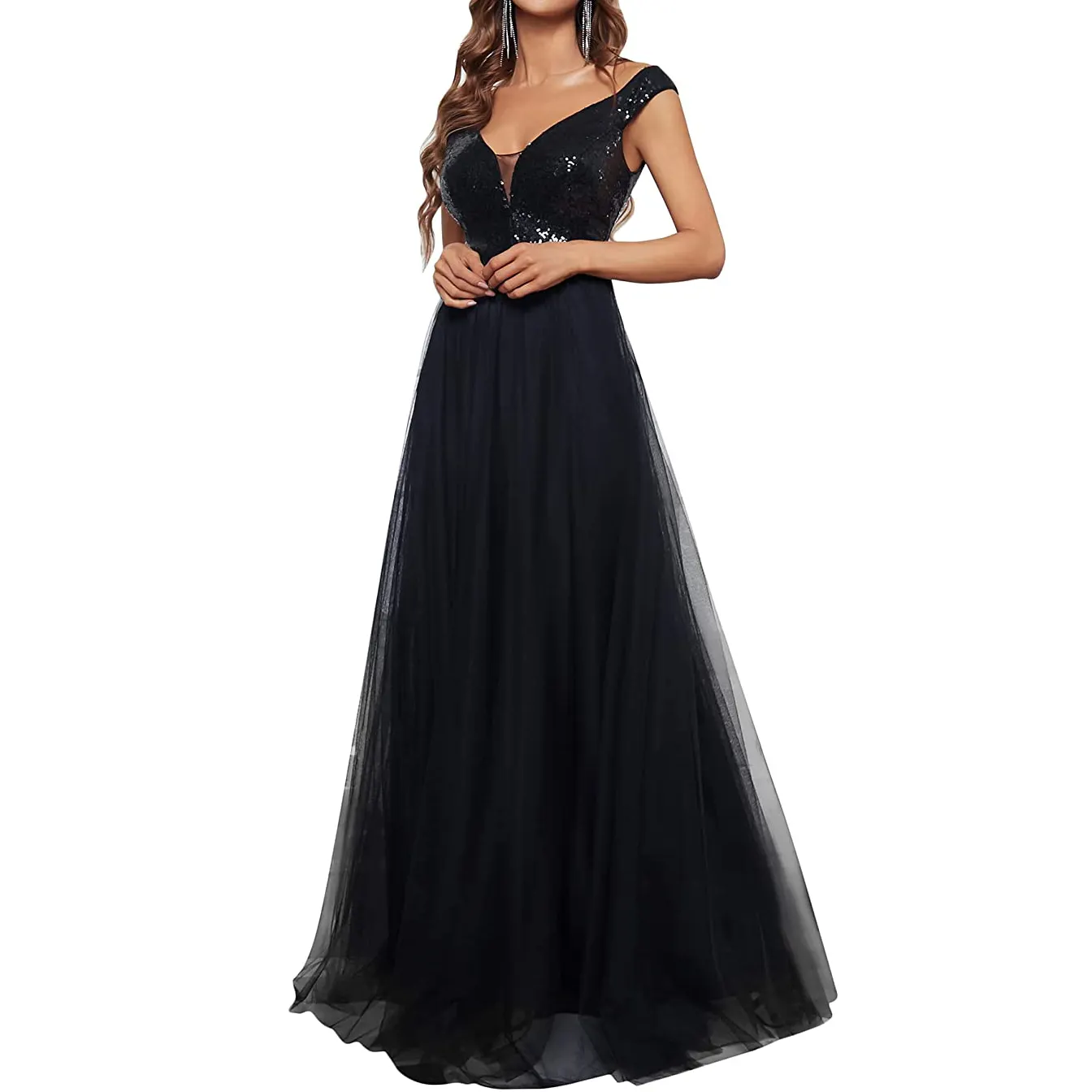 Women's V Neck Sequin Elegant Tulle Length Black Party Cocktail Formal Evening Dresses