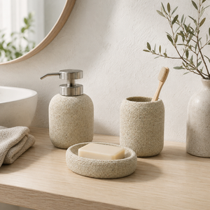 Ensemble de salle de bain en résine de sable à texture lin naturel rustique, accessoires aspect tissé beige pour une décoration de salle de bain neutre - Product Image 2