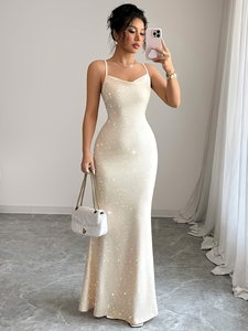 Abito lungo da donna bianco glitterato aderente, personalizzabile OEM/ODM, con <span class=keywords><strong>spalline</strong></span> sottili e taglio a sirena, per il commercio all'ingrosso - Product Image 1