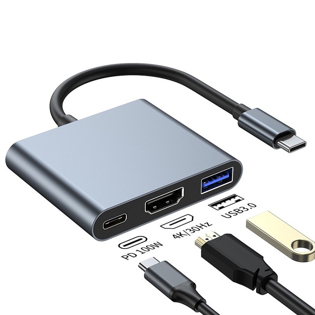 USB C to HDTV Adapter Type C 3 in 1 Hub to 4K 30Hz HDTV USB3.0 & 100W PD for USB Drives Reading & Multimedia Projection