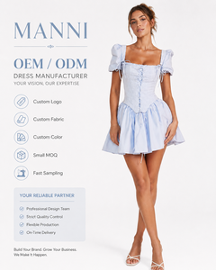 Abito da Donna Personalizzato, Abbigliamento su Misura, Vestito Estivo Mini con Corsetto in Pizzo Azzurro e Maniche a Sbuffo per Feste - Product Image 4
