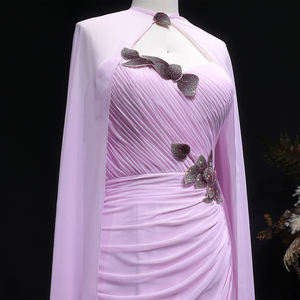 Sharon Said SF223 Hellrosa Meerjungfrauen-Abendkleider Elegante Cape-Drapierte Perlenbesetzte Kleider für Damen Hochzeits- und Festliche Anlässe Ohne Lagerbestand Großhandel - Product Image 3