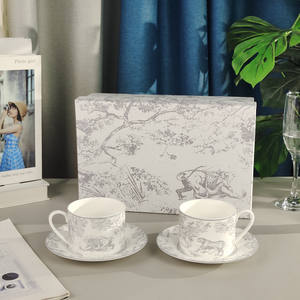 Tasse à thé de l'après-midi en porcelaine osseuse, tasse à lait et à café pour le petit-déjeuner avec soucoupe, léopard gris, double tasse et soucoupe, boîte cadeau - Product Image 1
