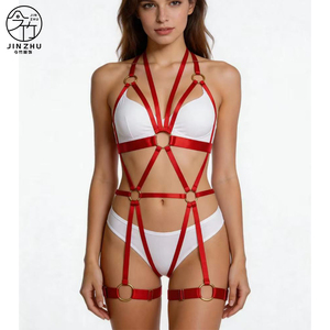 Red Strappy Body <strong>Harness</strong> <strong>Lingerie</strong> with Garter Belts, Elastic Full Body <strong>Harness</strong> for Women, Erotic O-Ring Body Chain <strong>Harness</strong> - Product Image 1