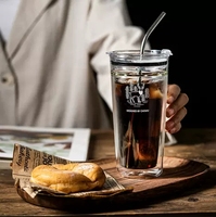 Gobelet à thé en verre transparent haute capacité 450 ml, bouteille d'eau froide pour jus, avec paille, pour le bureau, l'école