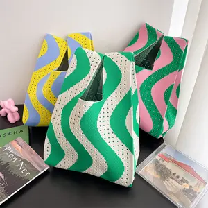 New Fashion Design Crochet Handbag Senhoras Padrão Listrado Japonês Brand Travel Shopping Bag Tote Bag Malha para As Mulheres