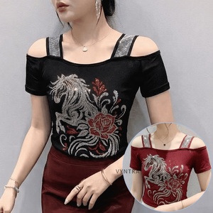 T-shirt da <span class=keywords><strong>Donna</strong></span> Personalizzabile <span class=keywords><strong>con</strong></span> Fiori e Strass, Top <span class=keywords><strong>con</strong></span> Spalle Scoperte e Paillettes Lucide, Maglietta a Maniche Corte per Discoteca e Feste - Product Image 3