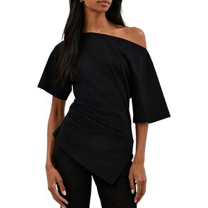 เสื้อแขนสั้นเปิดไหล่สำหรับผู้หญิง ชายเสื้อไม่สมมาตร ทรงเข้ารูป สีดำลำลอง - Product Image 1