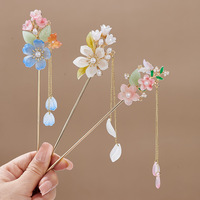 Élégante Pince à Cheveux de Style Chinois avec Pompon, Bâtonnet à Cheveux Traditionnel à Motif Floral, Accessoire de Coiffure, Bijou pour Femme, Épingle à Cheveux, Aiguille à Cheveux