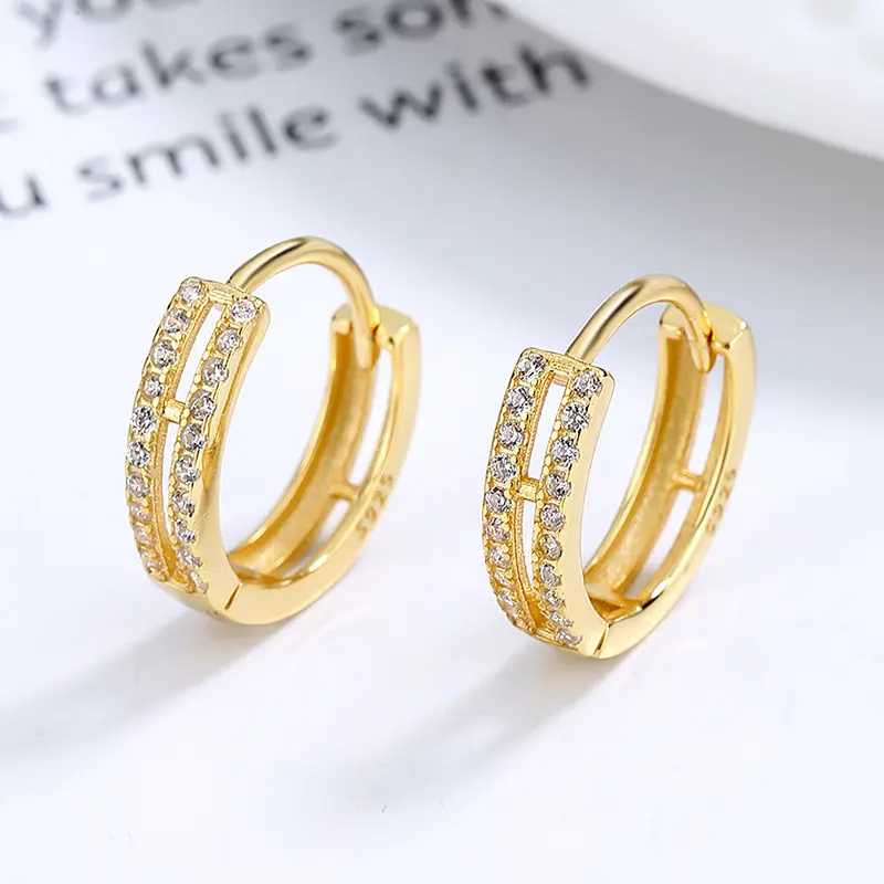 Wholesale Trend Jewelry Round Circle Earrings Fashionable Double Layers Row 925 Sterling Silver Zirconia Hoop Huggie Earrings