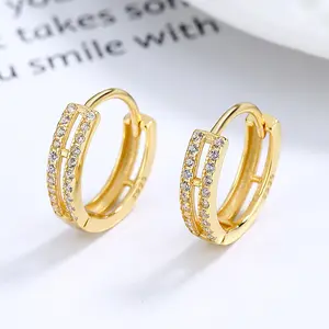 Wholesale Trend Jewelry Round Circle Earrings Fashionable Double Layers Row 925 Sterling Silver Zirconia Hoop Huggie Earrings