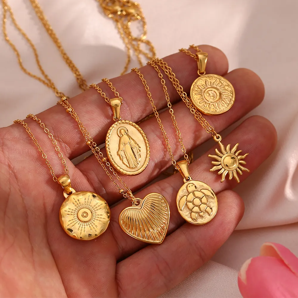 Waterproof 18K Gold Plated Jewelry Gold Sun Pendant Stainless Steel God Heart Turtle Coin Necklace Pendant for Women