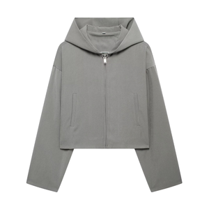 Veste courte à capuche décontractée ample en tissu respirant écologique vintage automne/hiver avec fermeture éclair et couleur unie - Product Image 1