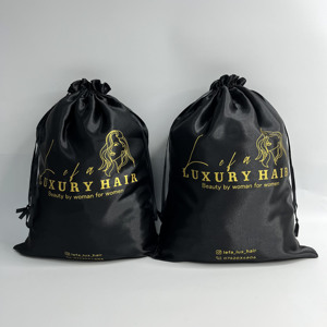 Sacs à cordon en satin noir avec impression dorée personnalisée, sacs anti-poussière en satin de soie pour perruques, cosmétiques, bijoux, emballage cadeau, vente en gros - Product Image 4