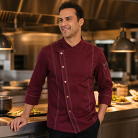 Jaket Chef Bahan Poly Cotton Twill dengan Kancing Placket, Manset 3/4 Turn Back, Jahitan Kontras, Seragam Chef Dapur, Logo Bordir Custom