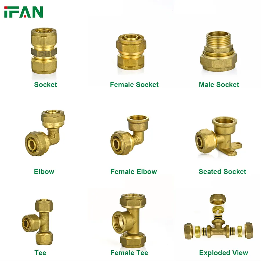 IFAN OEM ODM geschmiedet gelb 1/2 "3/4" 1 "PEX AL PEX Gasrohr Messing kupplungs adapter Buchse Winkel bogen T-Stück Klemm verschraubungen