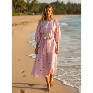 Pink Heart Stripe Hand Block Printed Cotton Maxi Dress <b>for</b> <b>Women</b> Boho Beach Summer Holiday <b>Resort</b> Vacation Casual <b>Wear</b> - Product Image 1