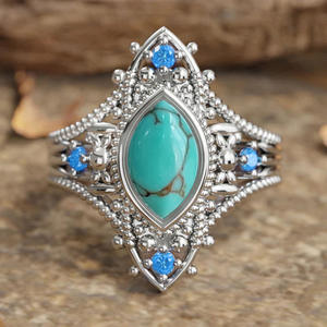 Anello da Donna T0896 in Argento Sterling 925 con Turchese Taglio Marquise, Design Geometrico, Montatura a Castone, Gioiello Regalo - Product Image 1
