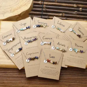 2024 Jewelry Original Gravel Stone Bead Necklace 12 Zodiac Sign Constellations Zodiac Necklace With Stainless Steel Chain