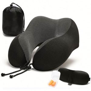 Oreiller de voyage portable en mousse à mémoire de forme en forme de U avec masque pour les yeux et bouchons d'oreilles pour avion - Product Image 1