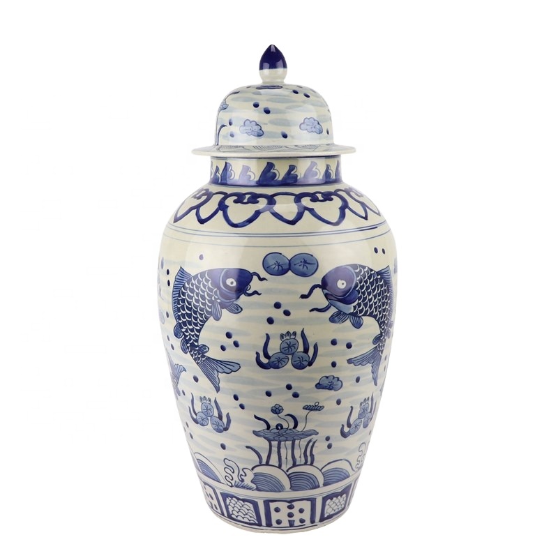 RZKY32景德镇青花鱼藻莲花图案家居装饰陶瓷大姜罐| Alibaba.com
