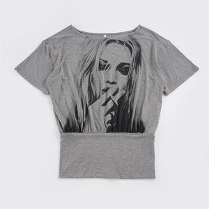 Robe T-shirt Y2K à imprimé portrait pour femme, coupe ample asymétrique à une épaule, style streetwear graphique - Product Image 2