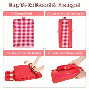 Extra Large Waterproof Picnic Blanket, Classic Red Plaid Outdoor <b>Foldable</b> Camping <b>Beach</b> Blanket Roll-Up with Carry Handle - Product Image 4