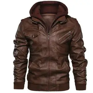 Wholesale customized hooded false two pieces zip up faux leather jacket men