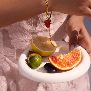 Retro Hong Kong Style Women's <b>Bracelet</b> 18K Gold Plated Stainless Steel <b>Red</b> Glass Grape Charm Jewelry Gift - Product Image 4