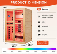 Sauna intérieur de luxe sur mesure à spectre complet pour 2 personnes, en bois de pruche canadien, avec thérapie par lumière rouge