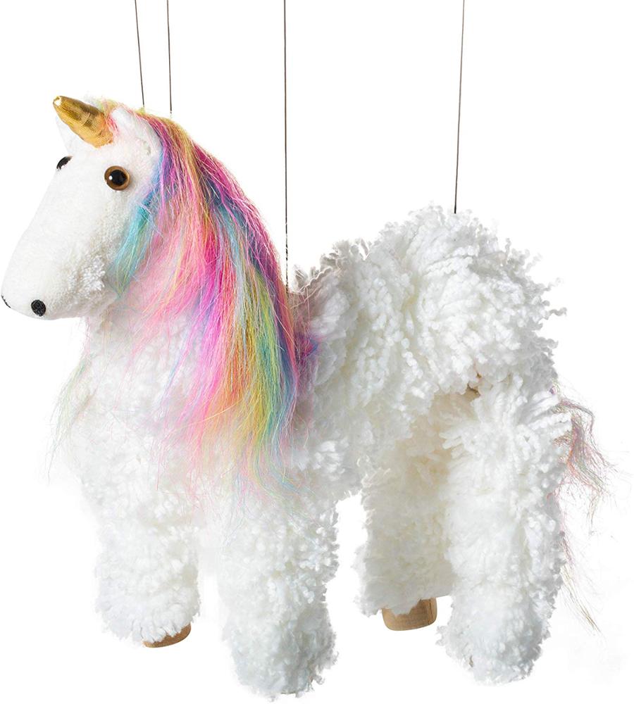 Marionette de unicornio blanco mágico, melena de arcoíris personalizada, marionetas de hilo