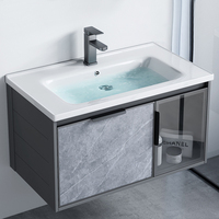 Ensemble de meubles de salle de bain en aluminium antirouille avec lavabo en céramique, miroir LED et armoire murale de rangement pour projets hôteliers