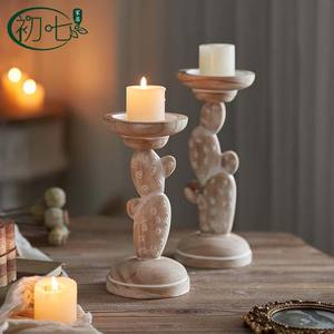 Cactus Design Solid Wood Candle Holder Round Home Decoration Christmas Gift - Product Image 1