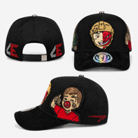 Casquette de baseball patchwork personnalisée noire avec motif, casquette snapback brodée avec appliques et détails en strass, style streetwear, fournisseur en gros