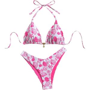 FOXA Women's 2 Piece <b>Bikini</b> Set Seashell Print Halter <b>String</b> Triangle Thong Swimwear Beach Outfit Stretch Spandex Polyester - Product Image 1